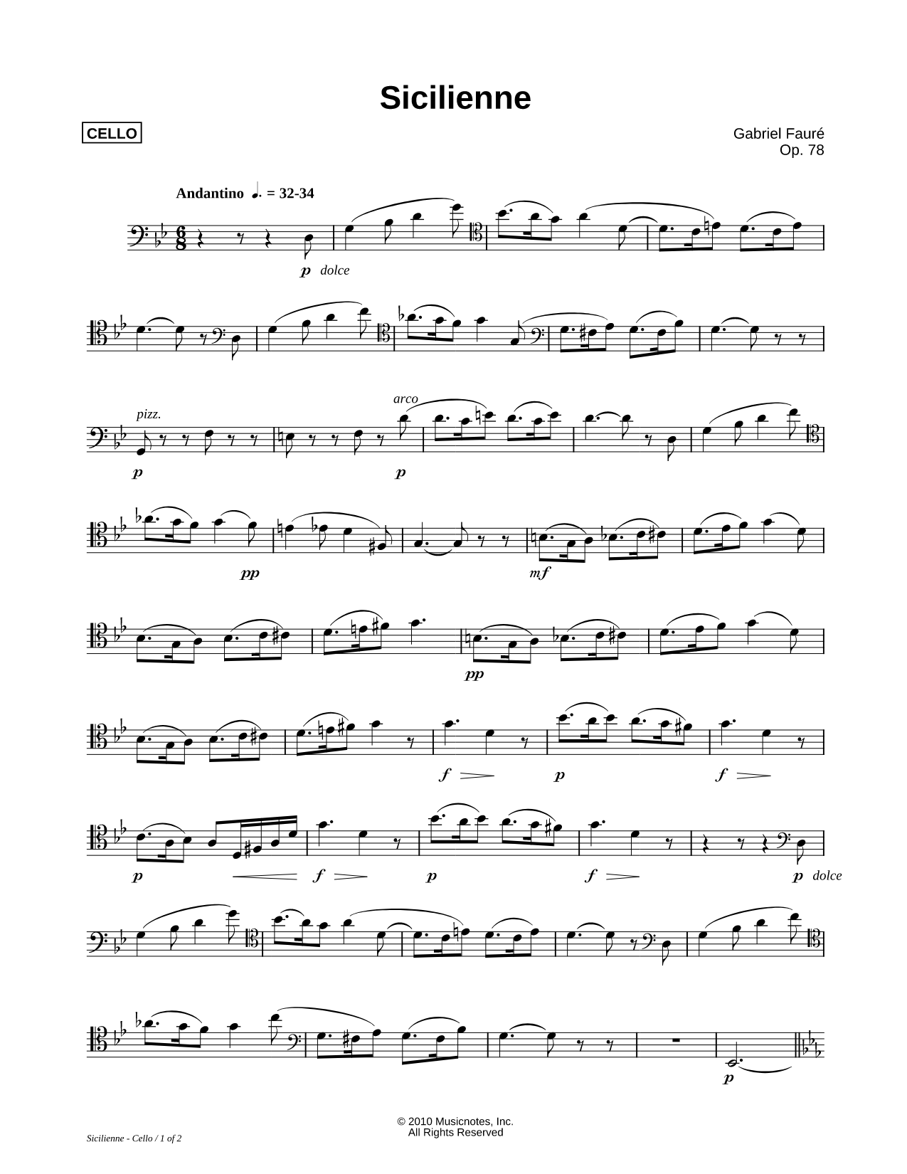 Sicilienne, Op. 78 - Bass Clef Instrument (Cello)