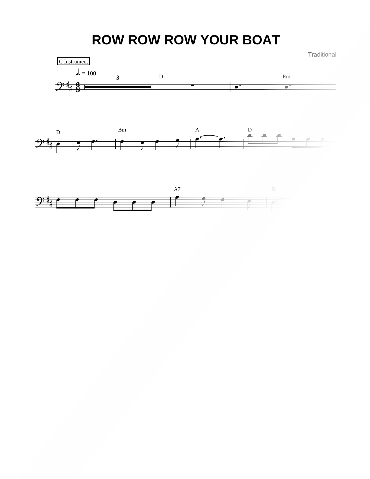 Row, Row, Row Your Boat - Bass Clef Instrument