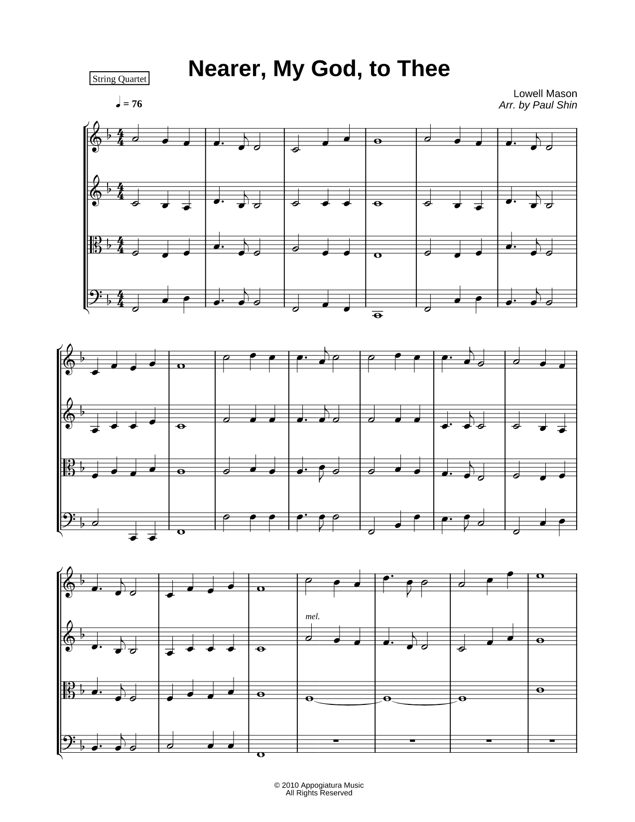 Nearer, My God, to Thee - String Quartet (Score)