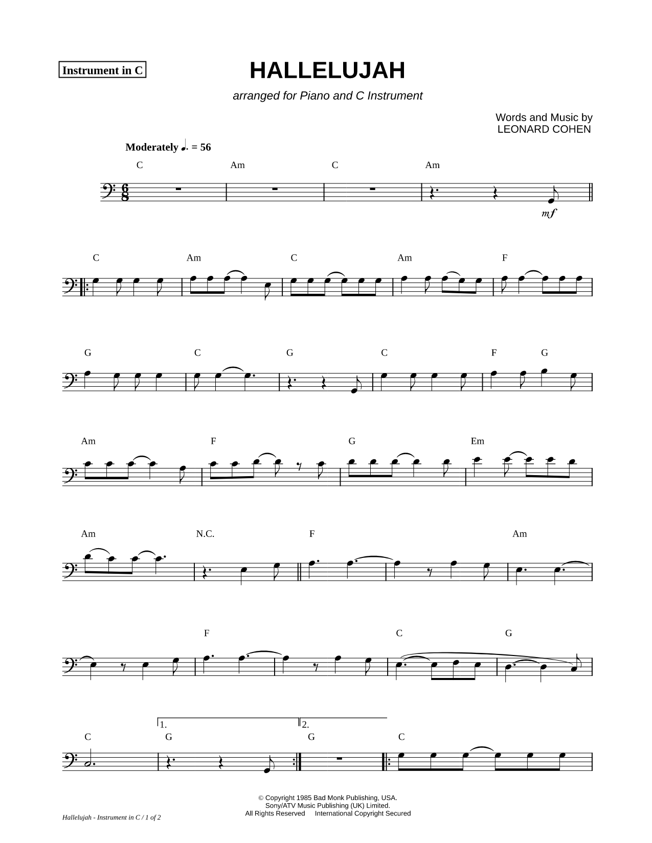 Hallelujah - Bass Clef Instrument