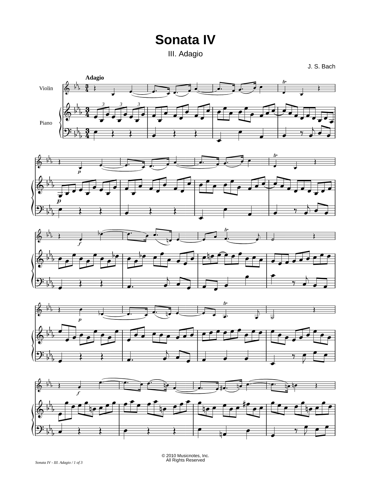 Sonata IV, BWV 1017: III. Adagio - Piano Accompaniment