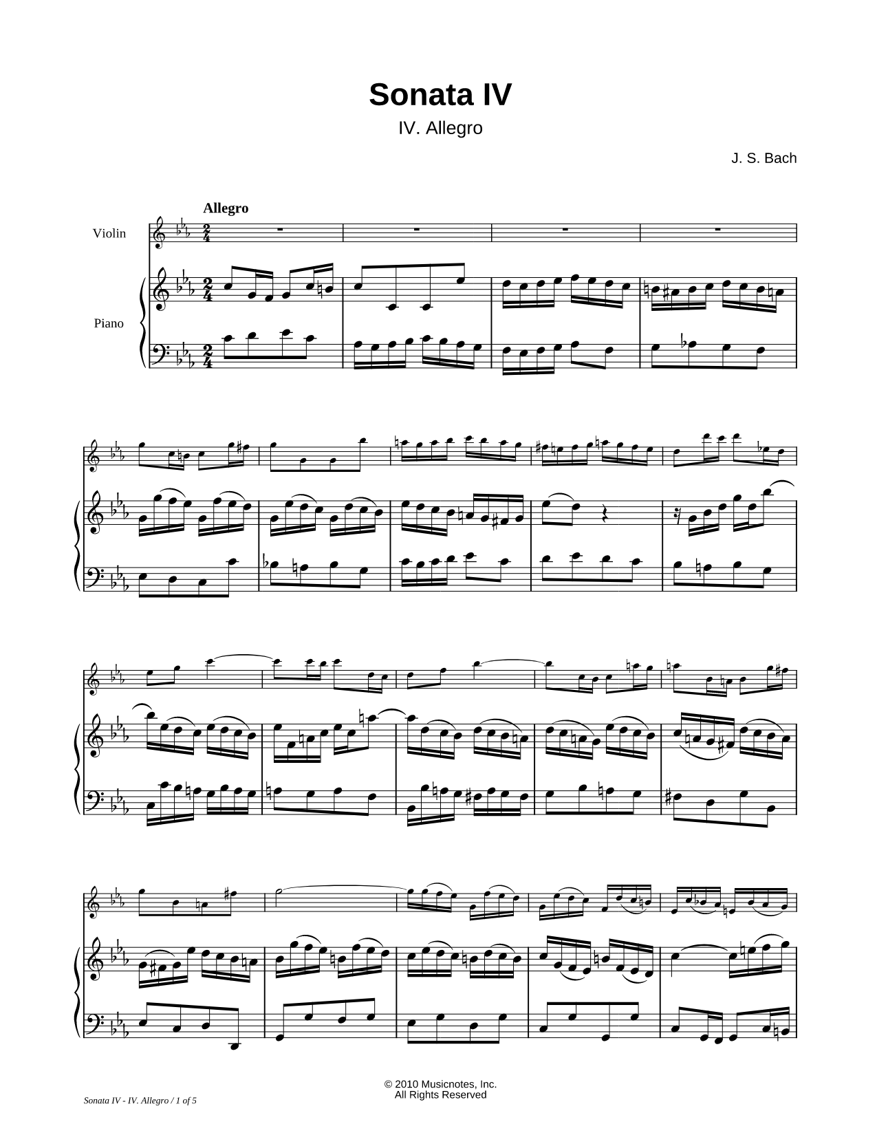 Sonata IV, BWV 1017: IV. Allegro - Piano Accompaniment
