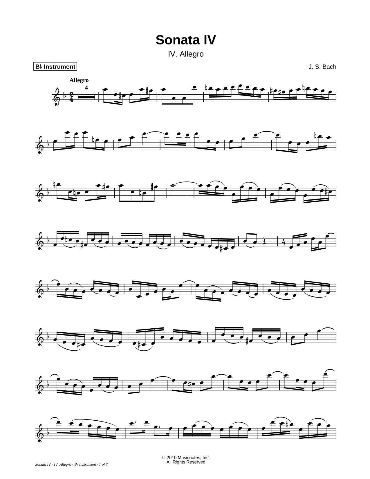 Sonata IV, BWV 1017: IV. Allegro - Bb Instrument