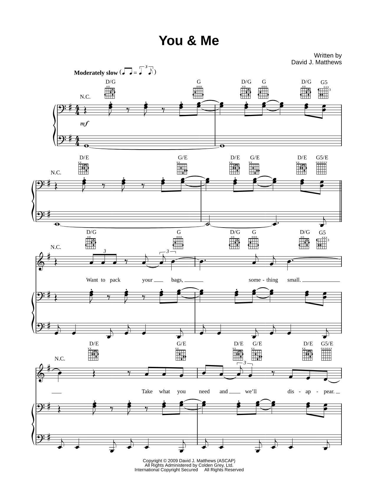 You &amp; Me Sheet Music — Piano/Vocal/Guitar, Singer Pro