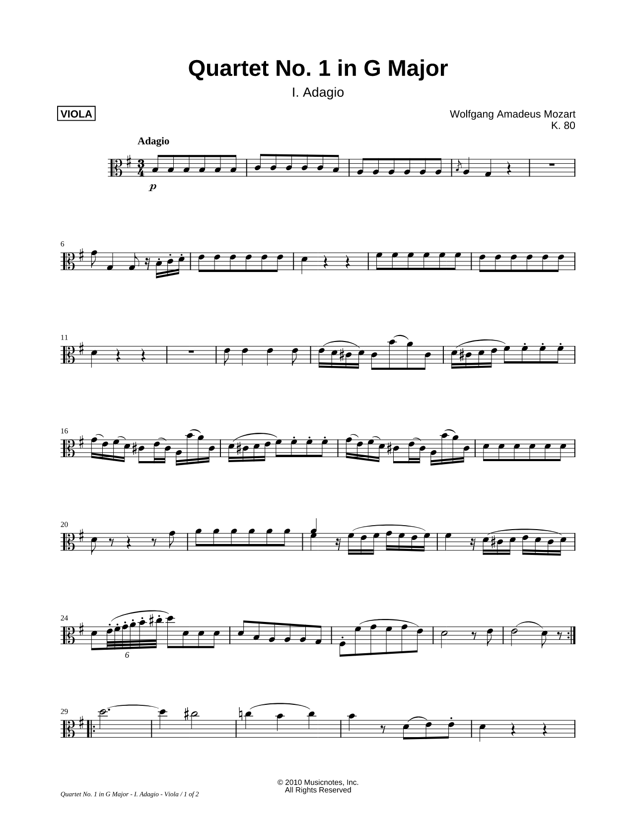 Quartet No. 1 In G Major, K. 80: I. Adagio - Viola Part (String Quartet)