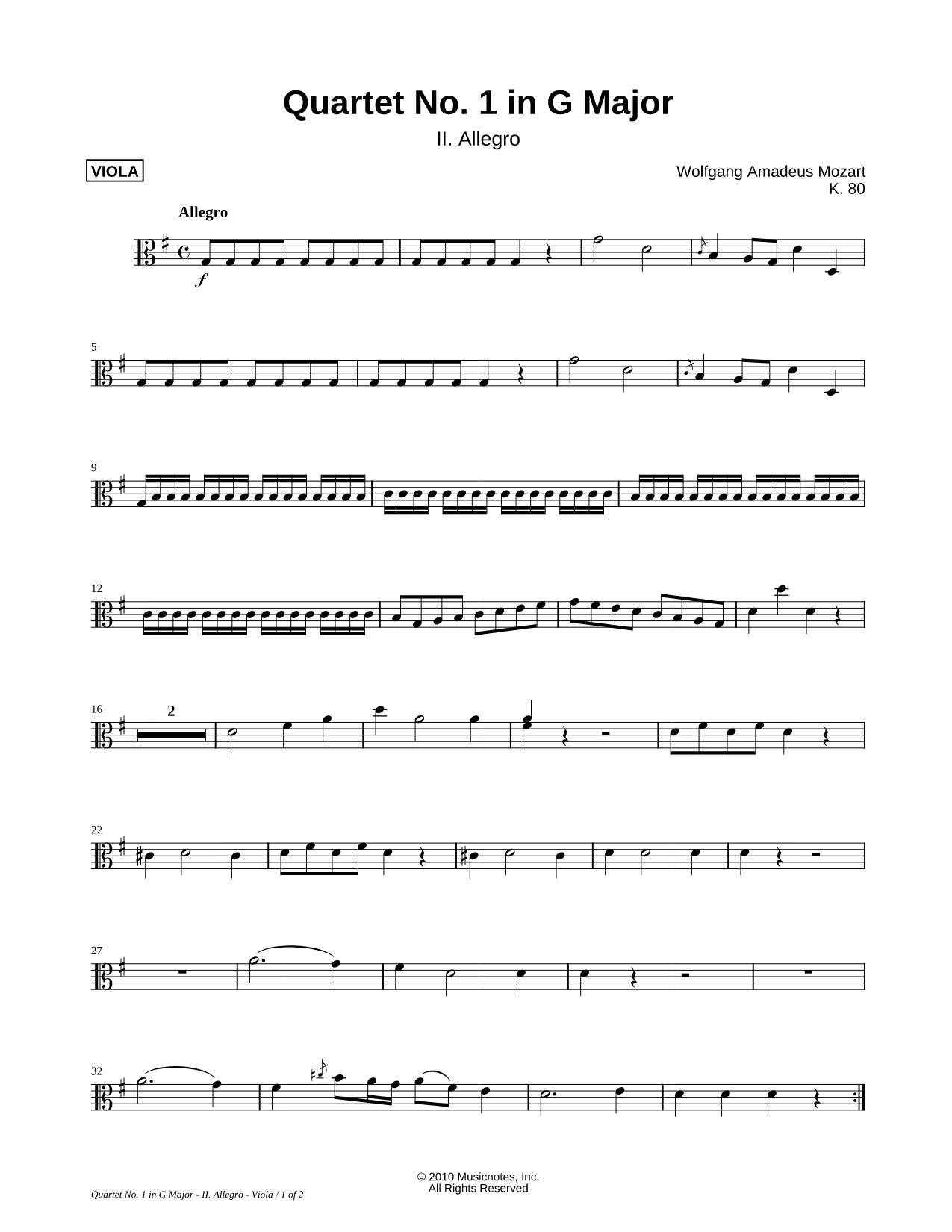 Quartet No. 1 In G Major, K. 80: II. Allegro - Viola Part (String Quartet)