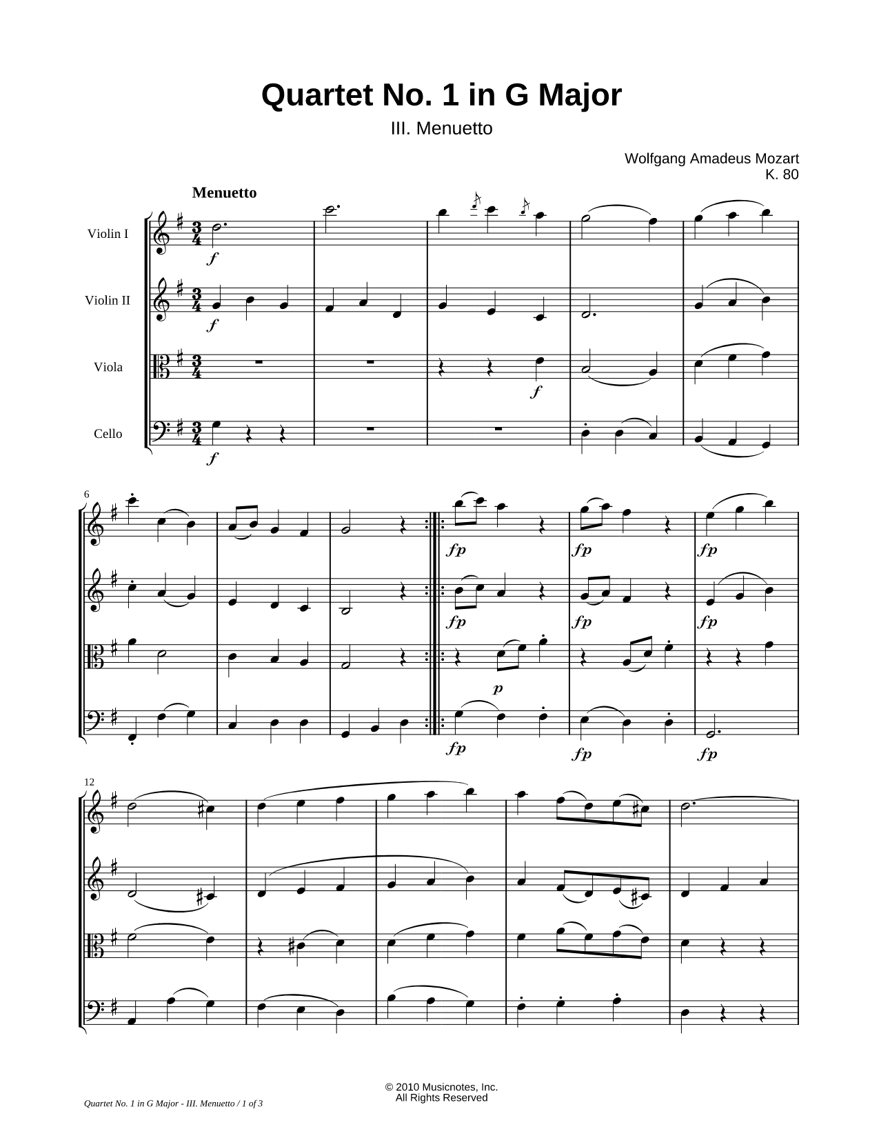 Quartet No. 1 In G Major, K. 80: III. Menuetto - String Quartet Score