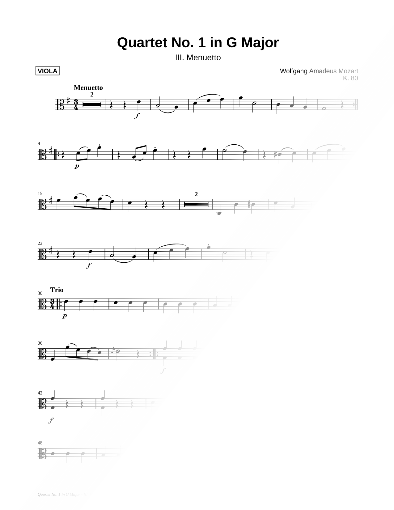 Quartet No. 1 In G Major, K. 80: III. Menuetto - Viola Part (String Quartet)
