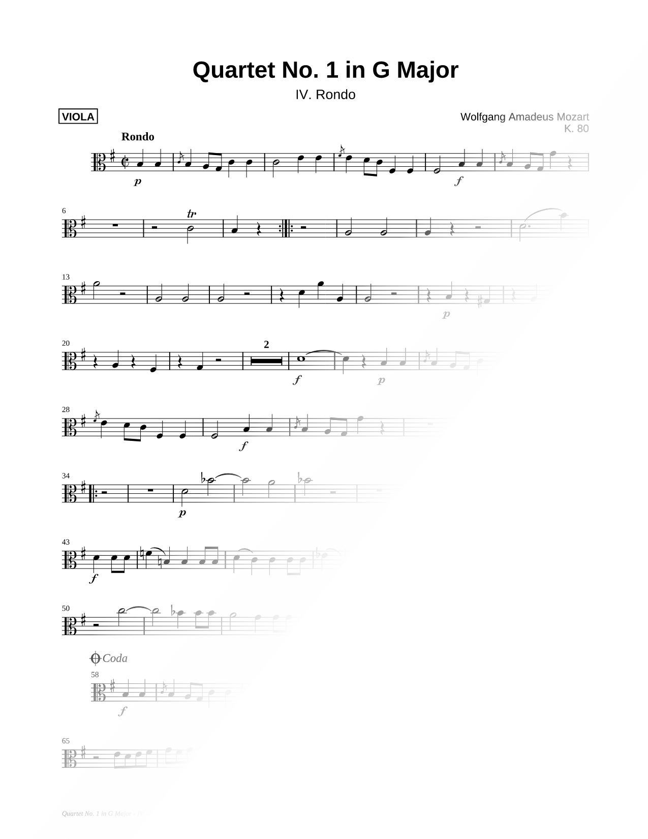 Quartet No. 1 In G Major, K. 80: IV. Rondo - Viola Part (String Quartet)