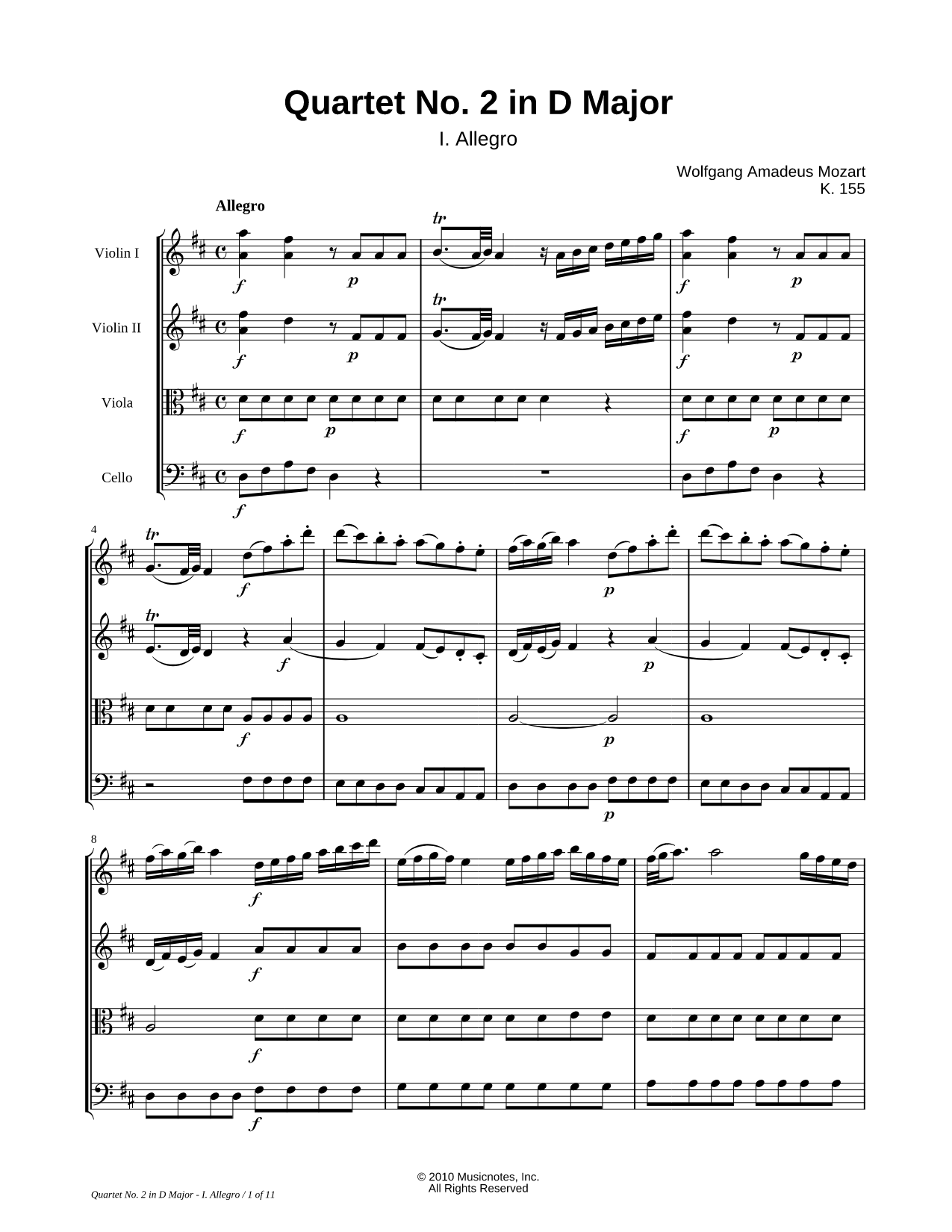 Quartet No. 2 In D Major, K155: I. Allegro - Score (String Quartet)