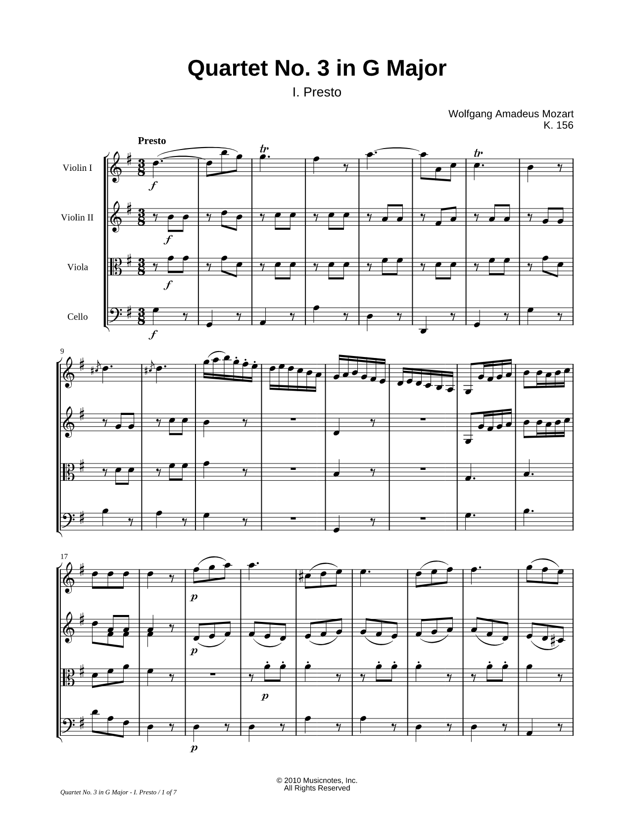 Quartet No. 3 In G Major, K. 156: I. Presto - String Quartet Score