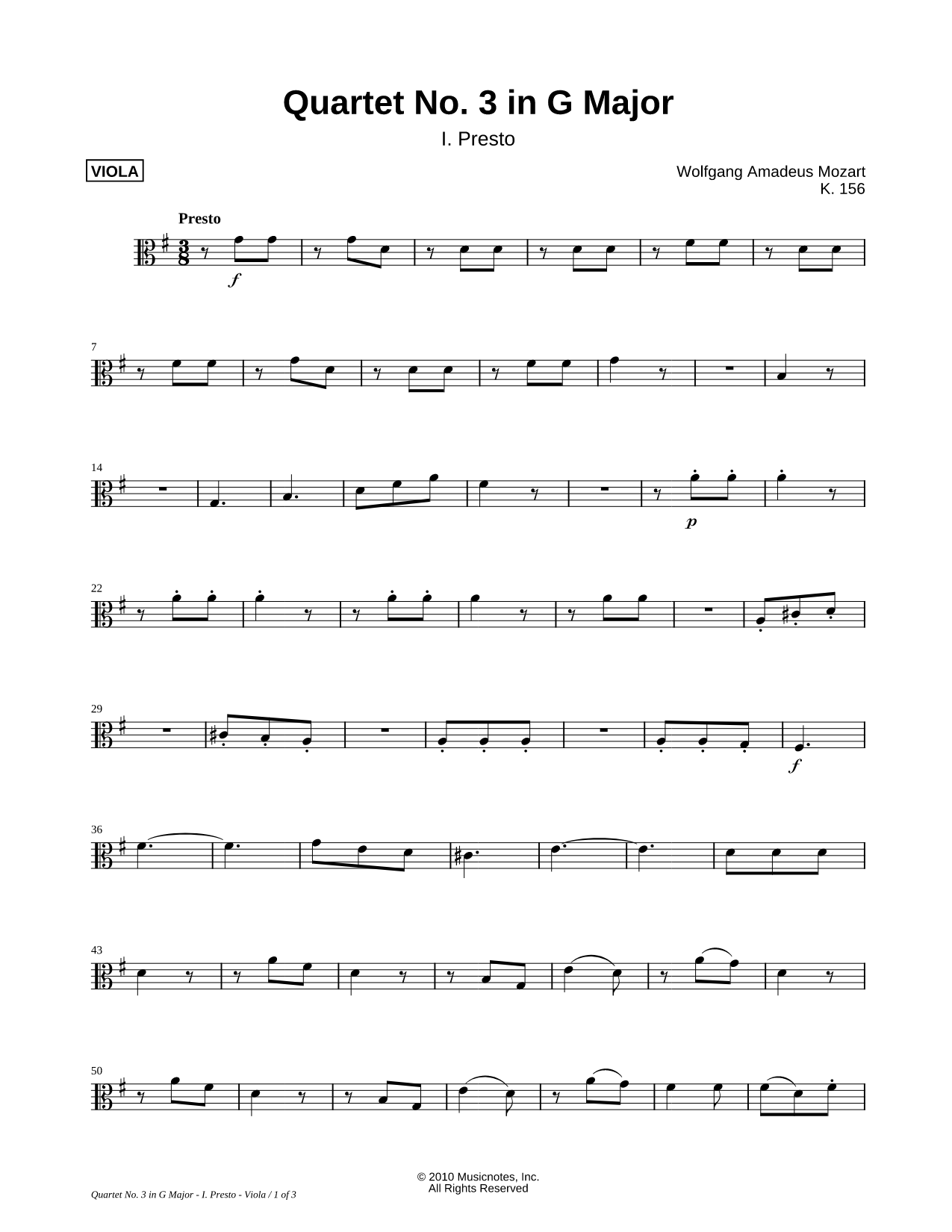Quartet No. 3 In G Major, K. 156: I. Presto - Viola Part