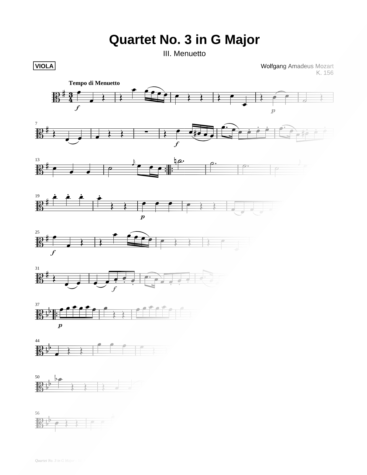 Quartet No. 3 In G Major, K. 156: III. Menuetto - Viola Part