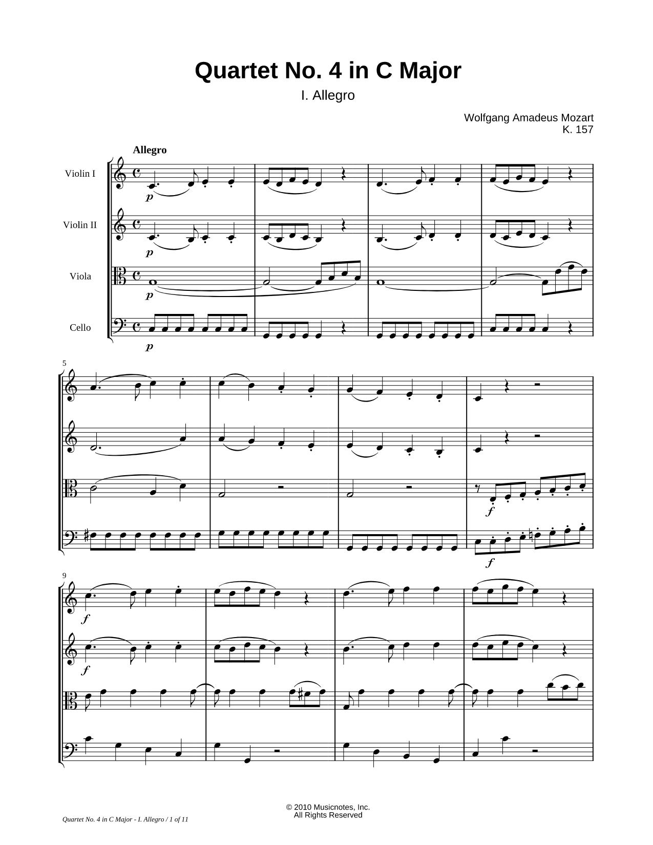Quartet No. 4 In C Major, K 157: I. Allegro - String Quartet Score