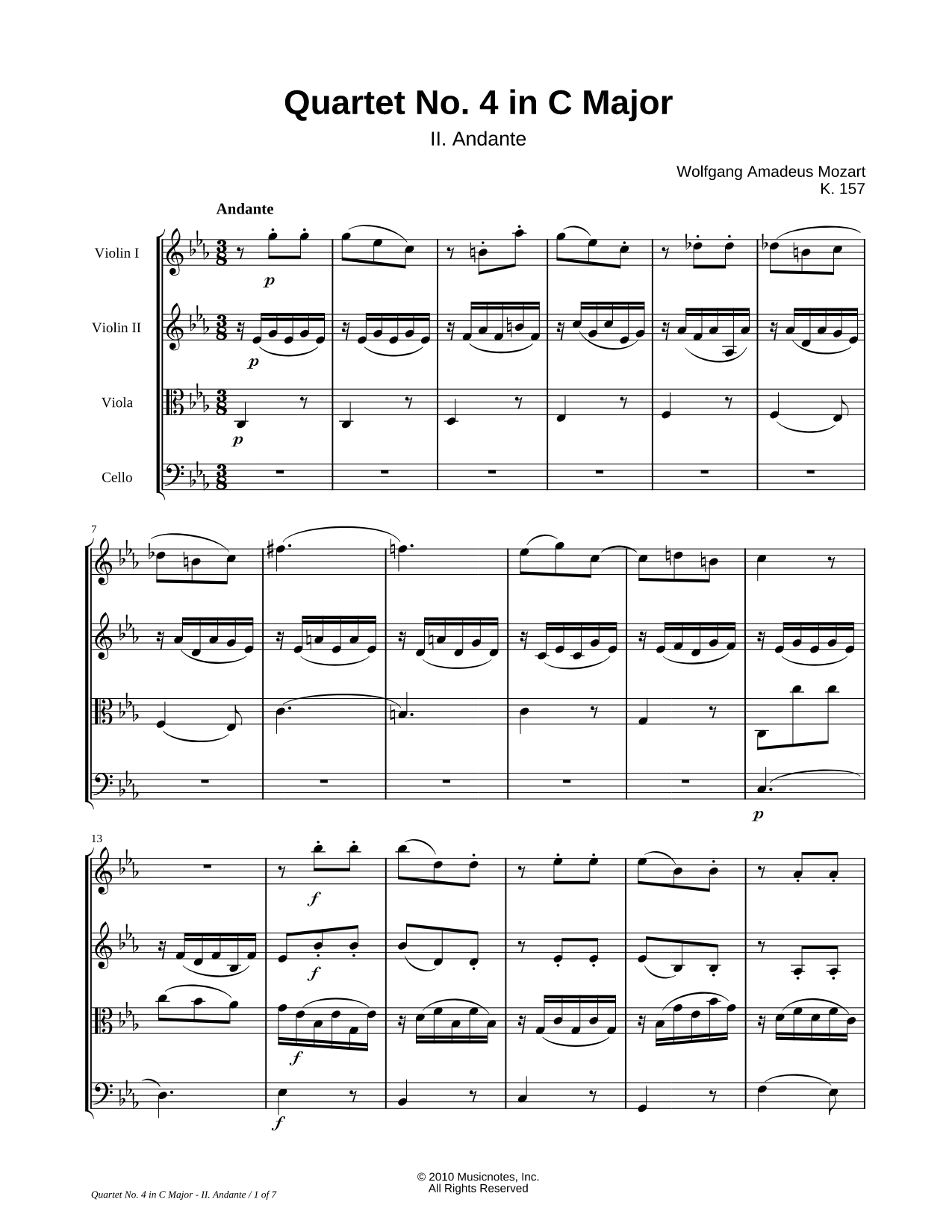 Quartet No. 4 In C Major, K 157: II. Andante - String Quartet Score