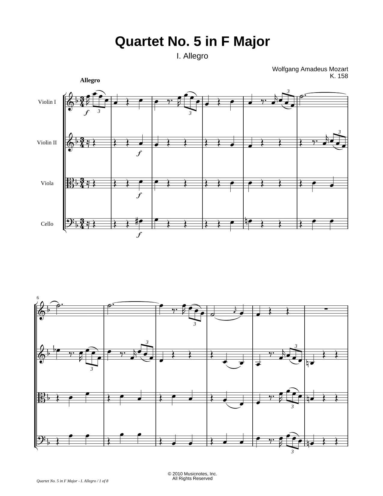 Quartet No. 5 In F Major, K. 158: I. Allegro - Score