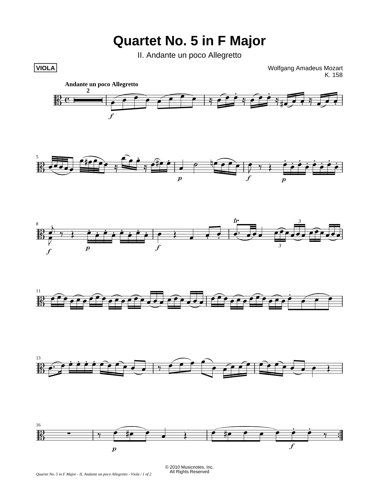 Quartet No. 5 In F Major, K. 158: II. Andante Un Poco Allegretto - Viola Part (String Quartet)