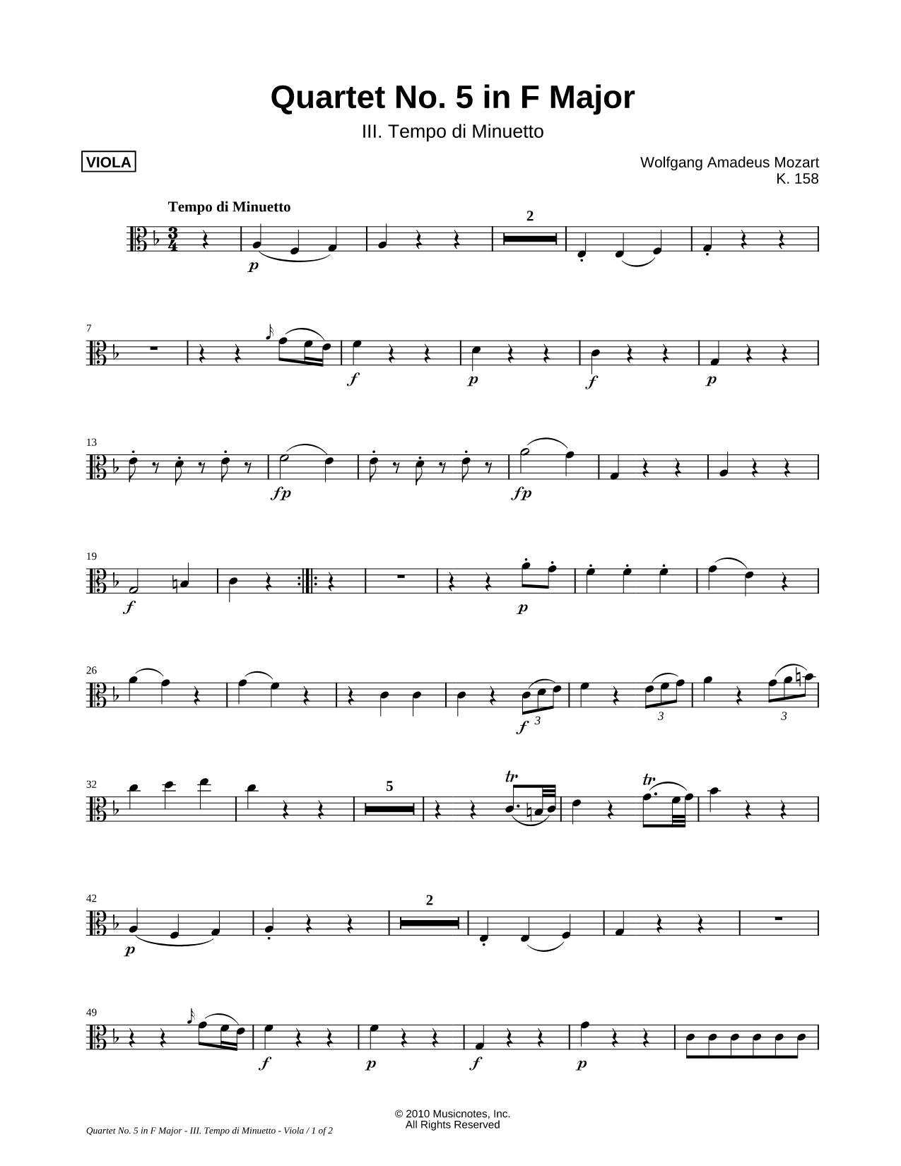 Quartet No. 5 In F Major, K. 158: III. Tempo Di Minuetto - Viola Part (String Quartet)