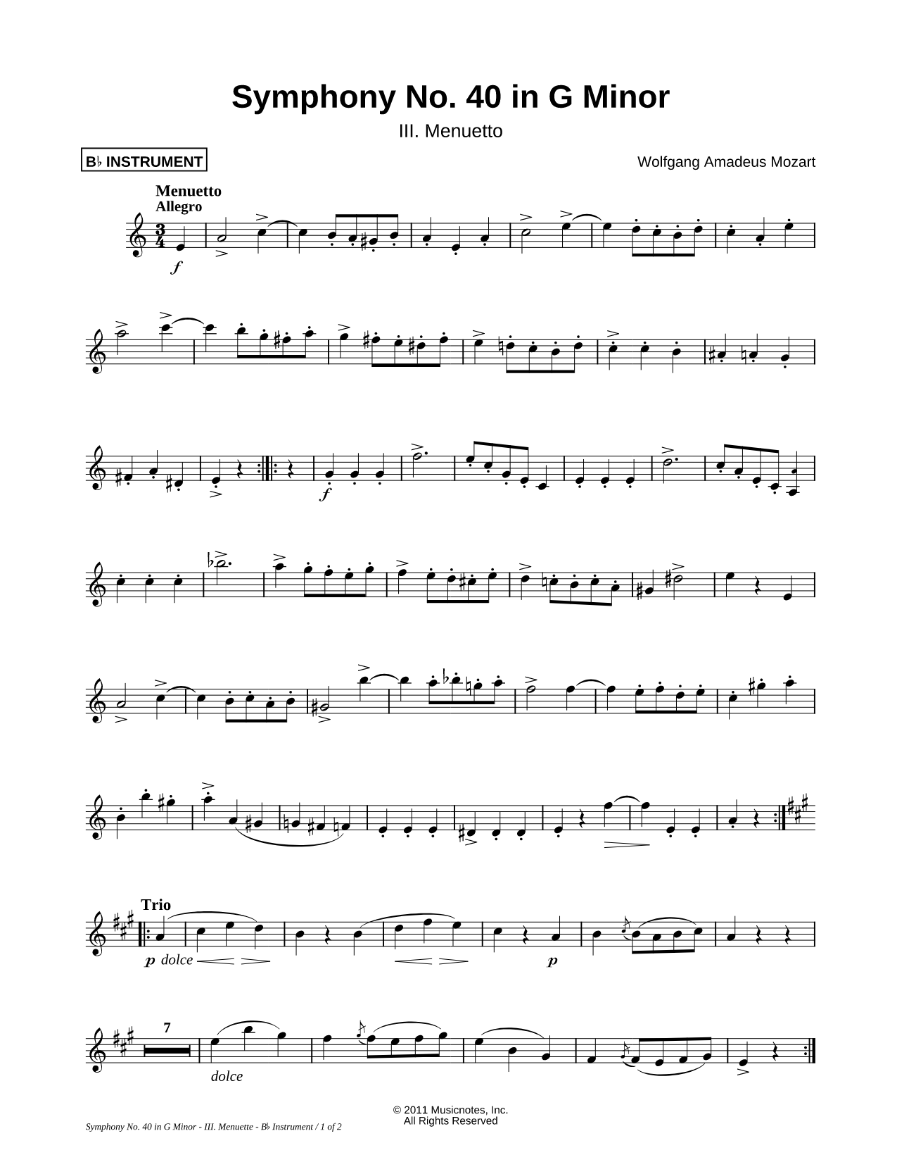 Symphony No. 40 in G Minor, KV. 550: III. Menuetto - Bb Instrument