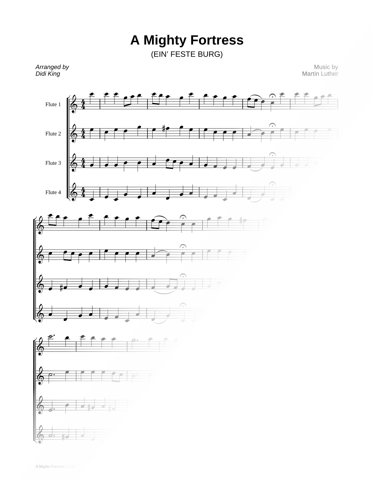 A Mighty Fortress Is Our God - Flute Quartet Score