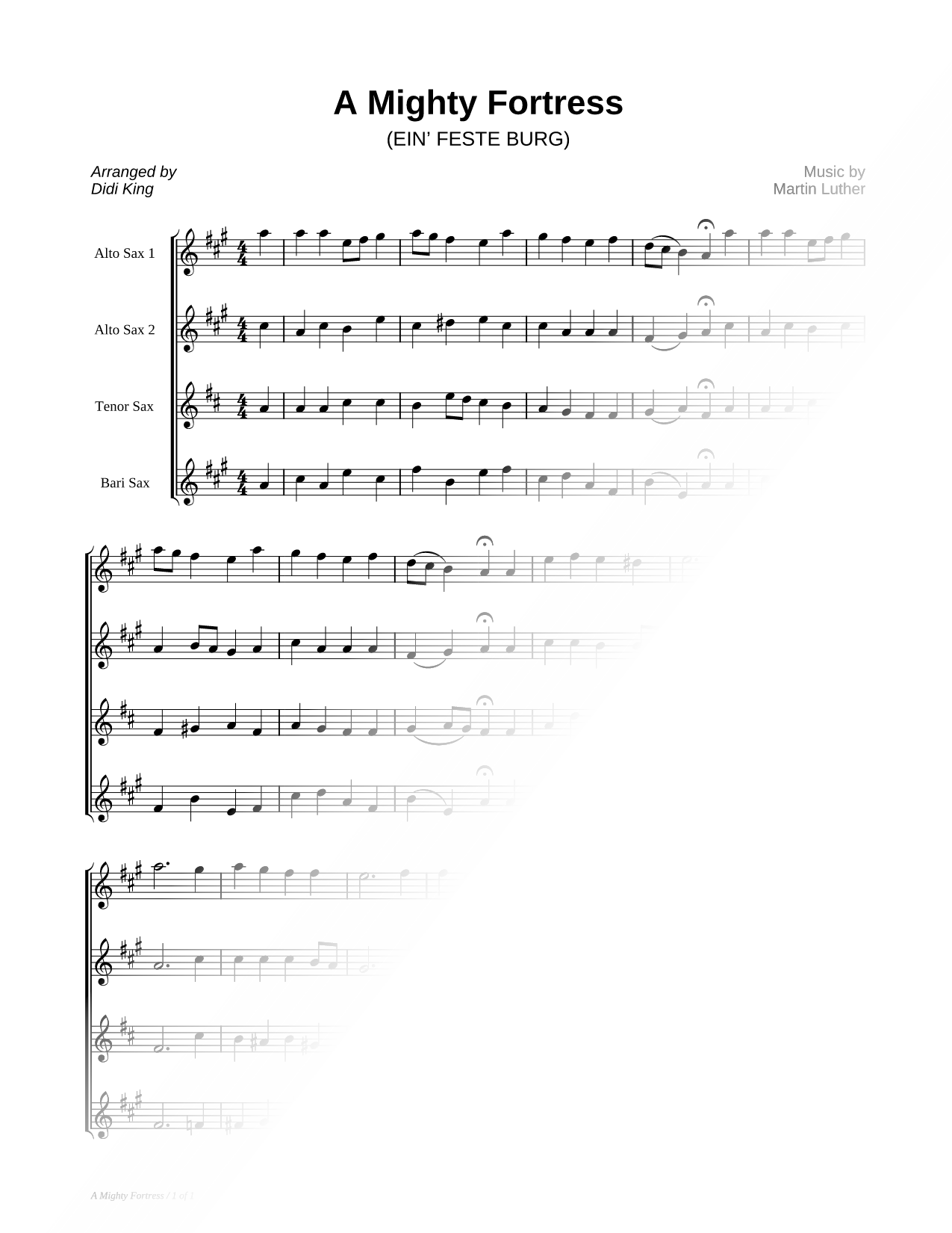 A Mighty Fortress Is Our God - Saxophone Quartet Score