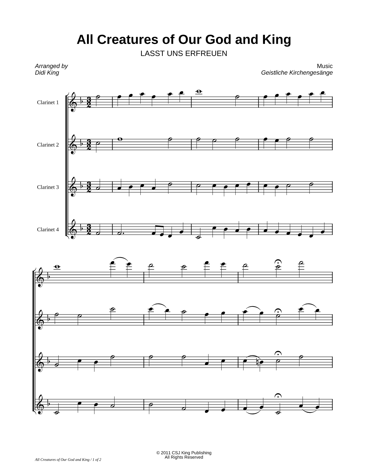 All Creatures of Our God and King - Score (Clarinet Quartet)