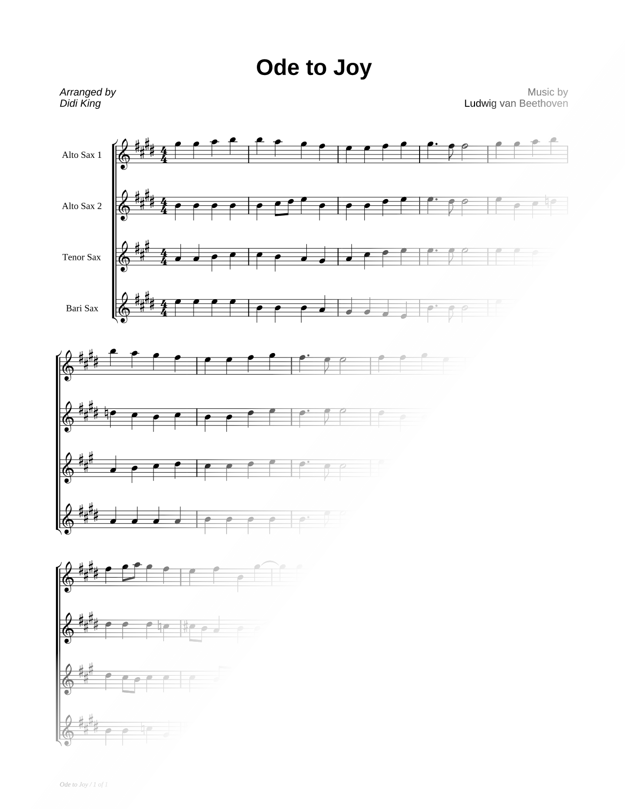 Ode to Joy - Saxophone Quartet Score