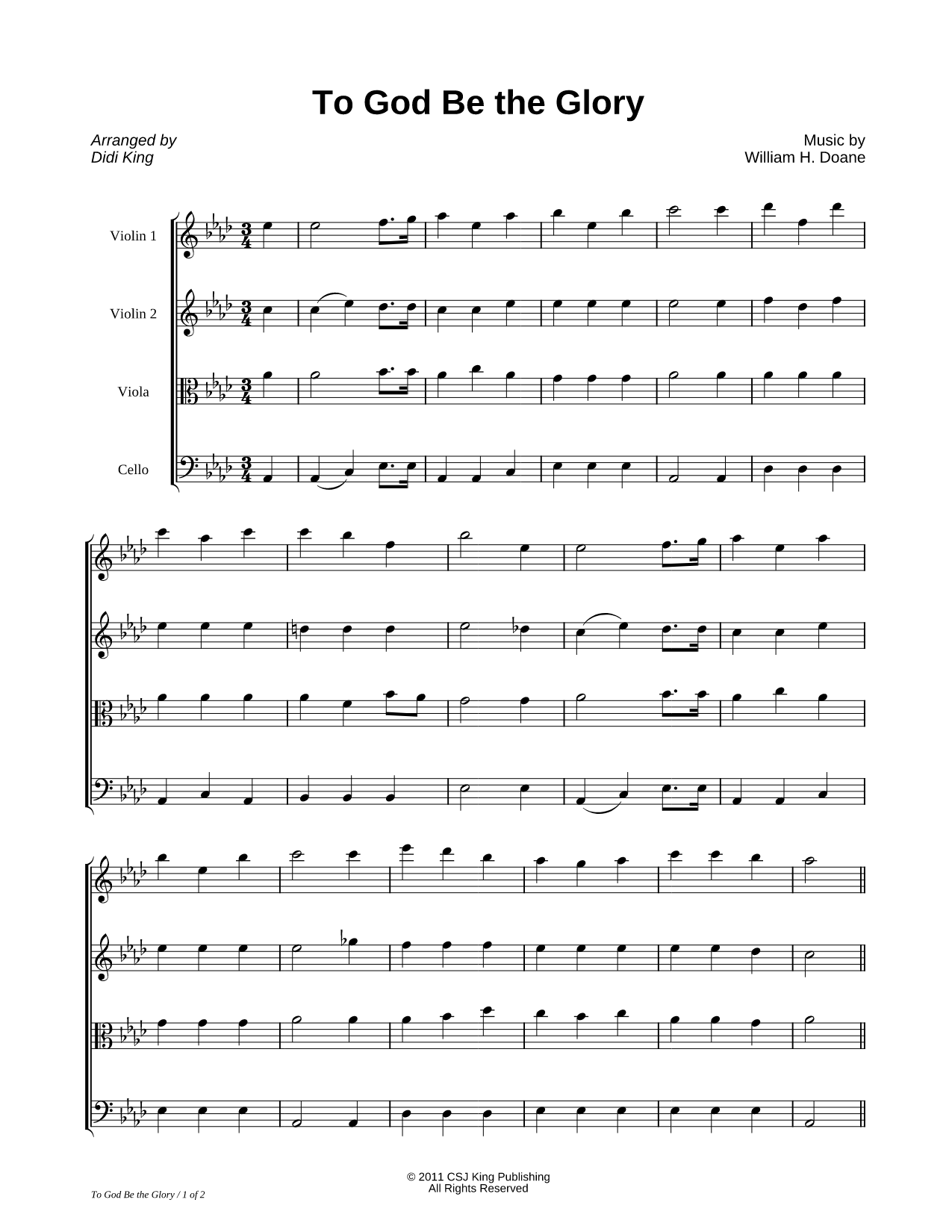 To God Be the Glory - String Quartet Score