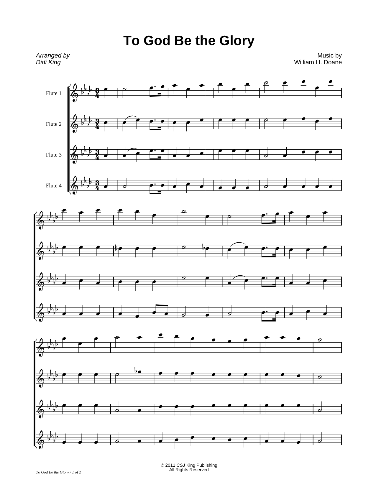 To God Be the Glory - Flute Quartet Score