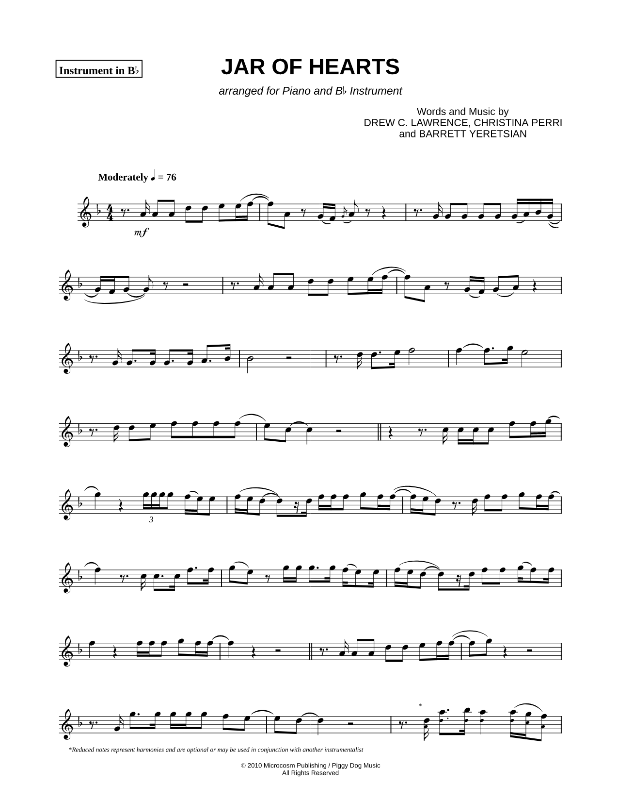 Jar of Hearts - Bb Instrument