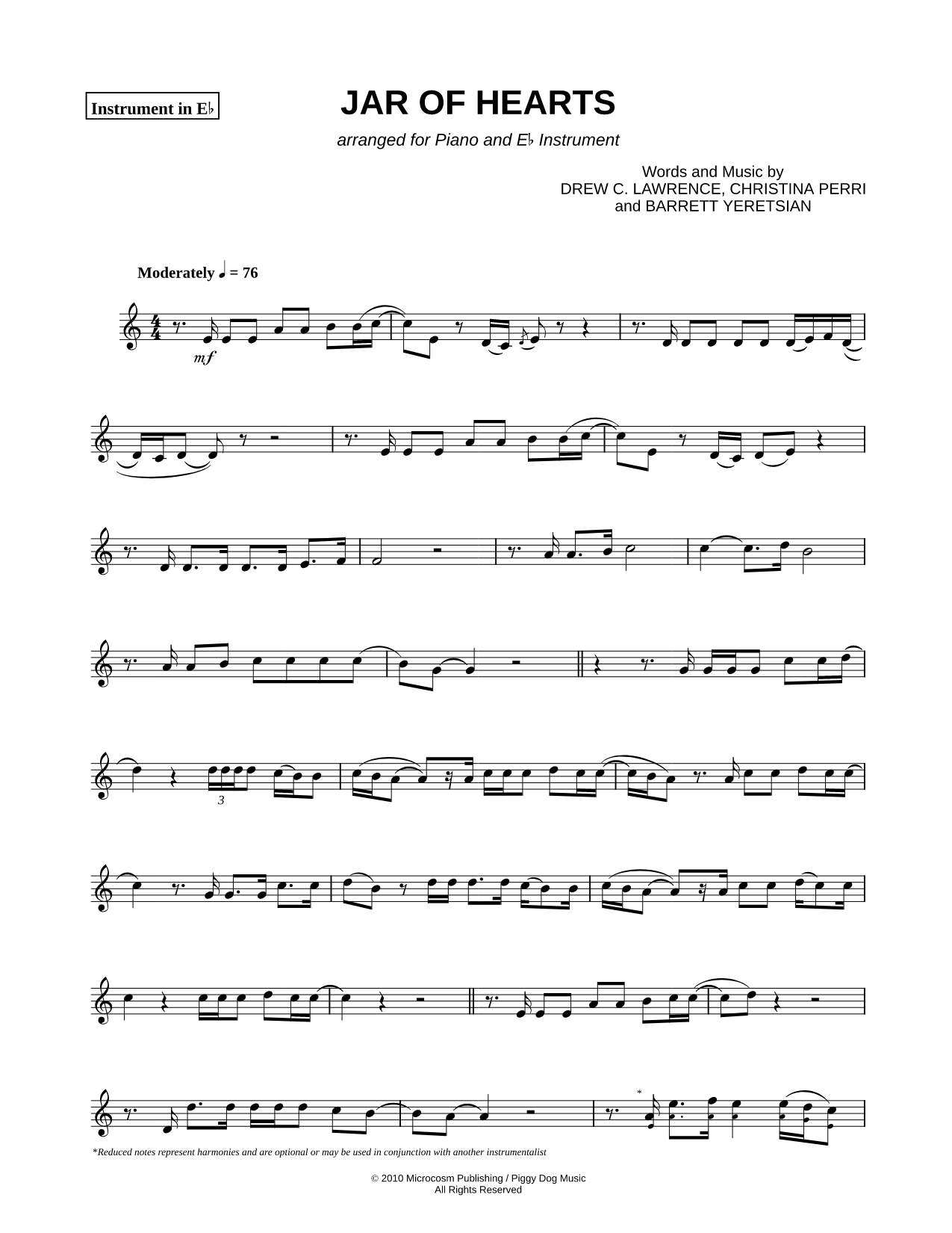 Jar of Hearts - Eb Instrument