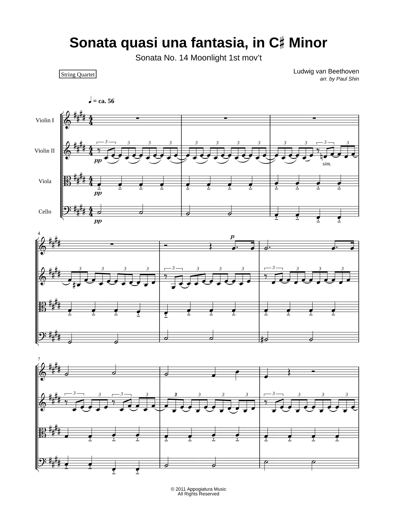 Moonlight Sonata, 1st Movement - String Quartet Score
