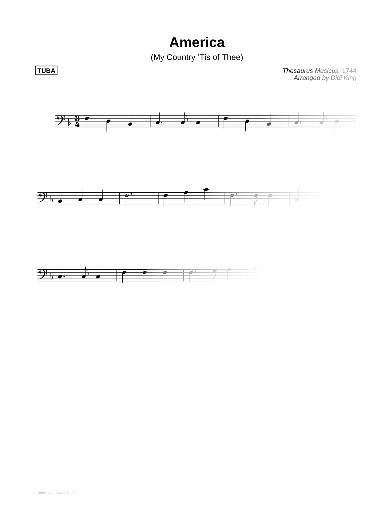 America (My Country 'Tis of Thee) - Tuba Part (Brass Quartet)