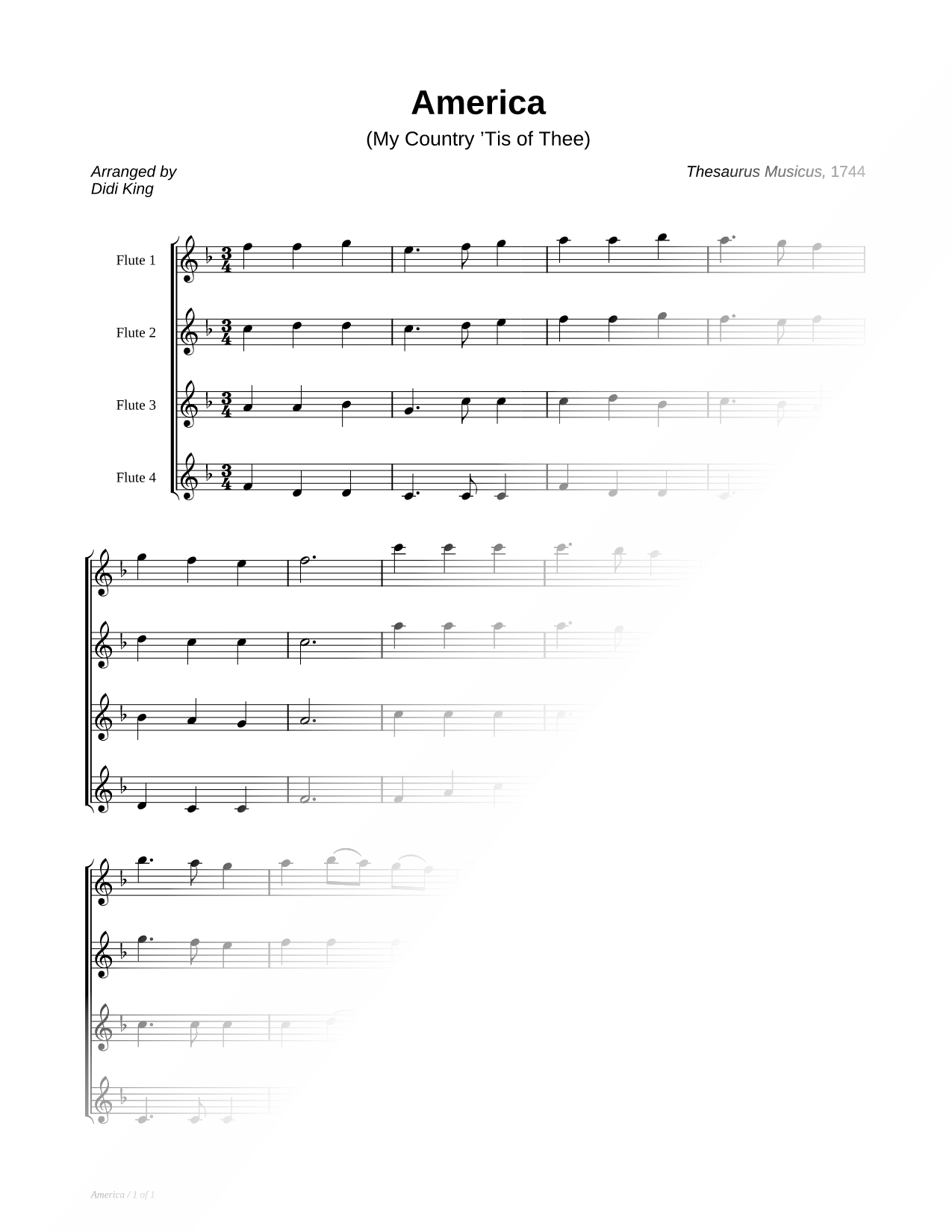 America (My Country 'Tis of Thee) - Flute Quartet Score