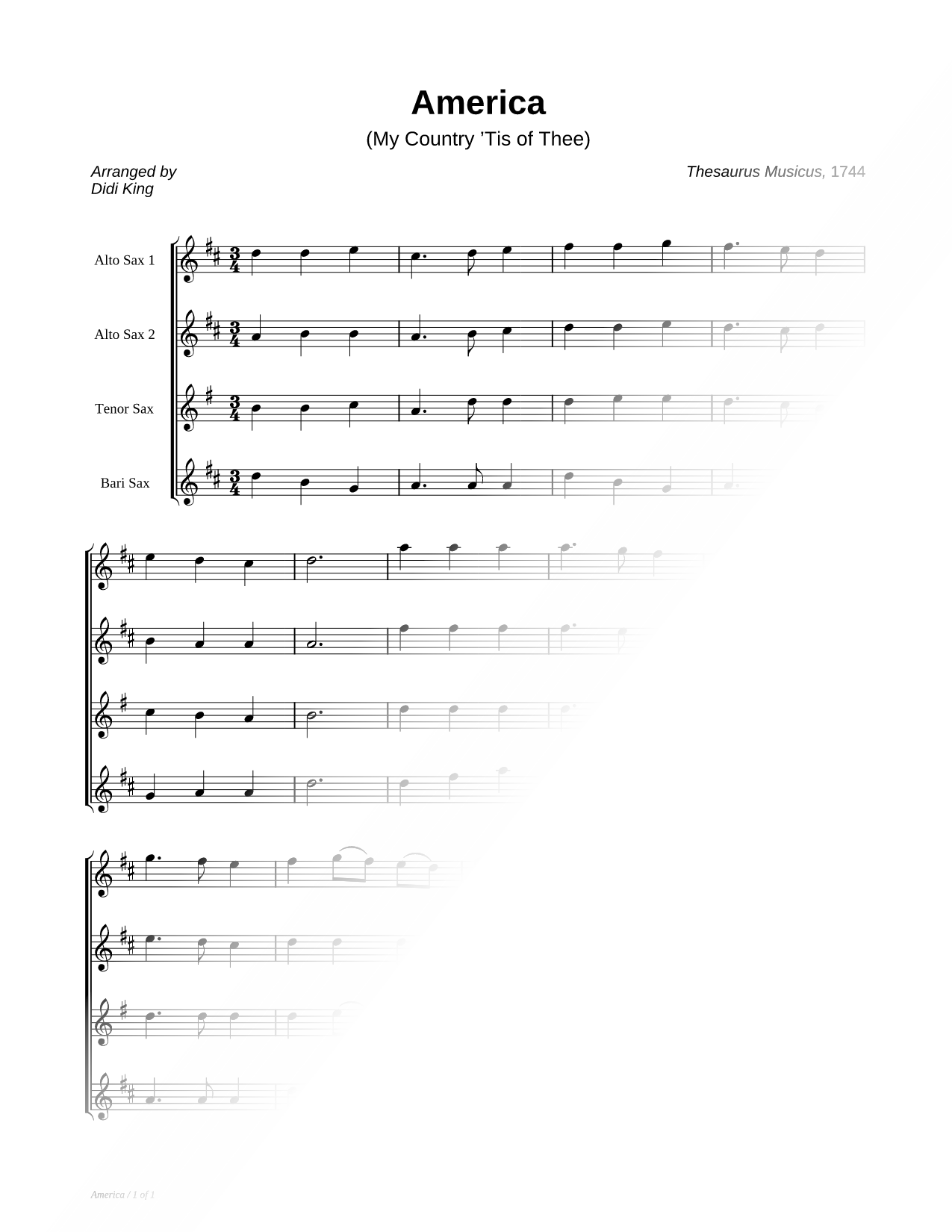 America (My Country 'Tis of Thee) - Saxophone Quartet Score
