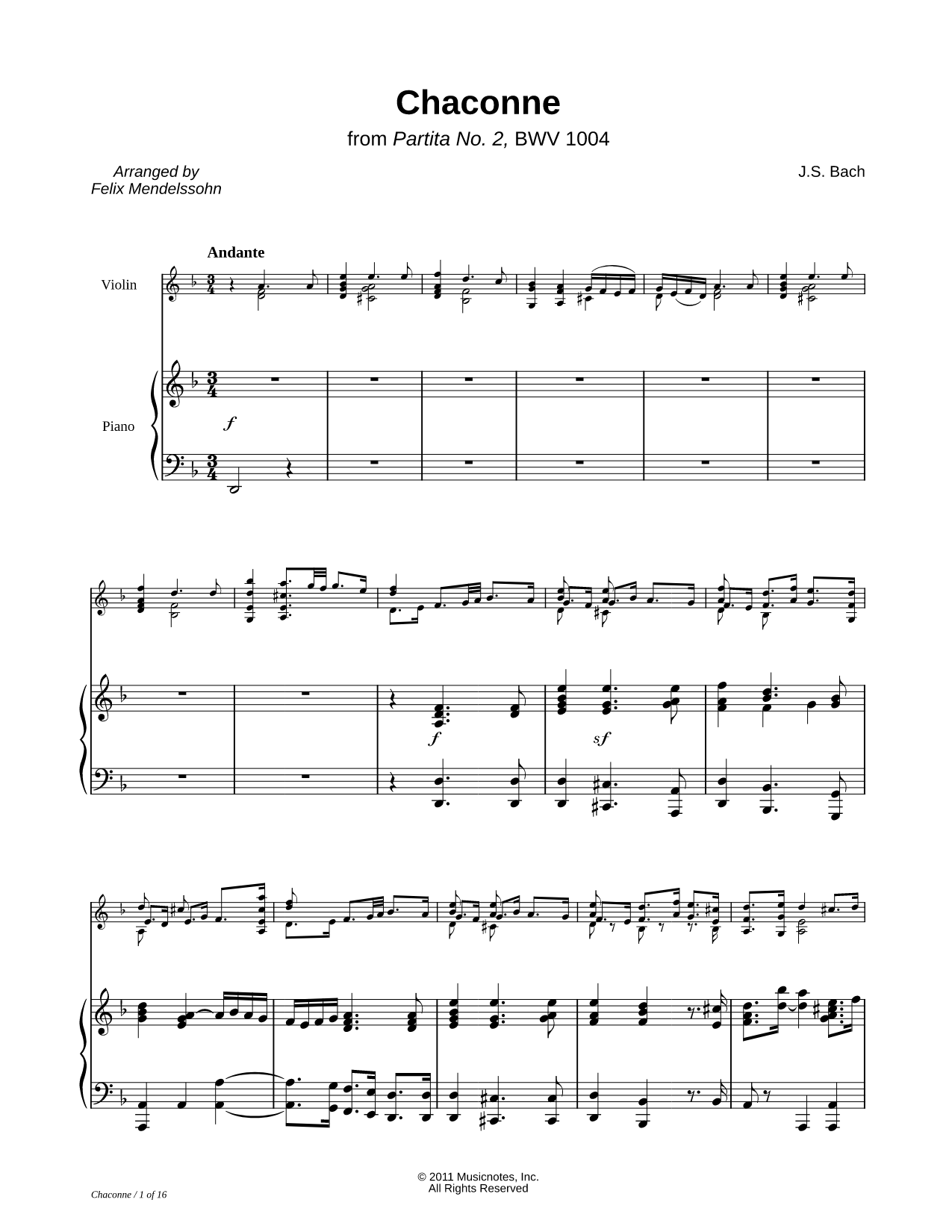Chaconne from Partita No. 2, BWV 1004 - Piano Accompaniment