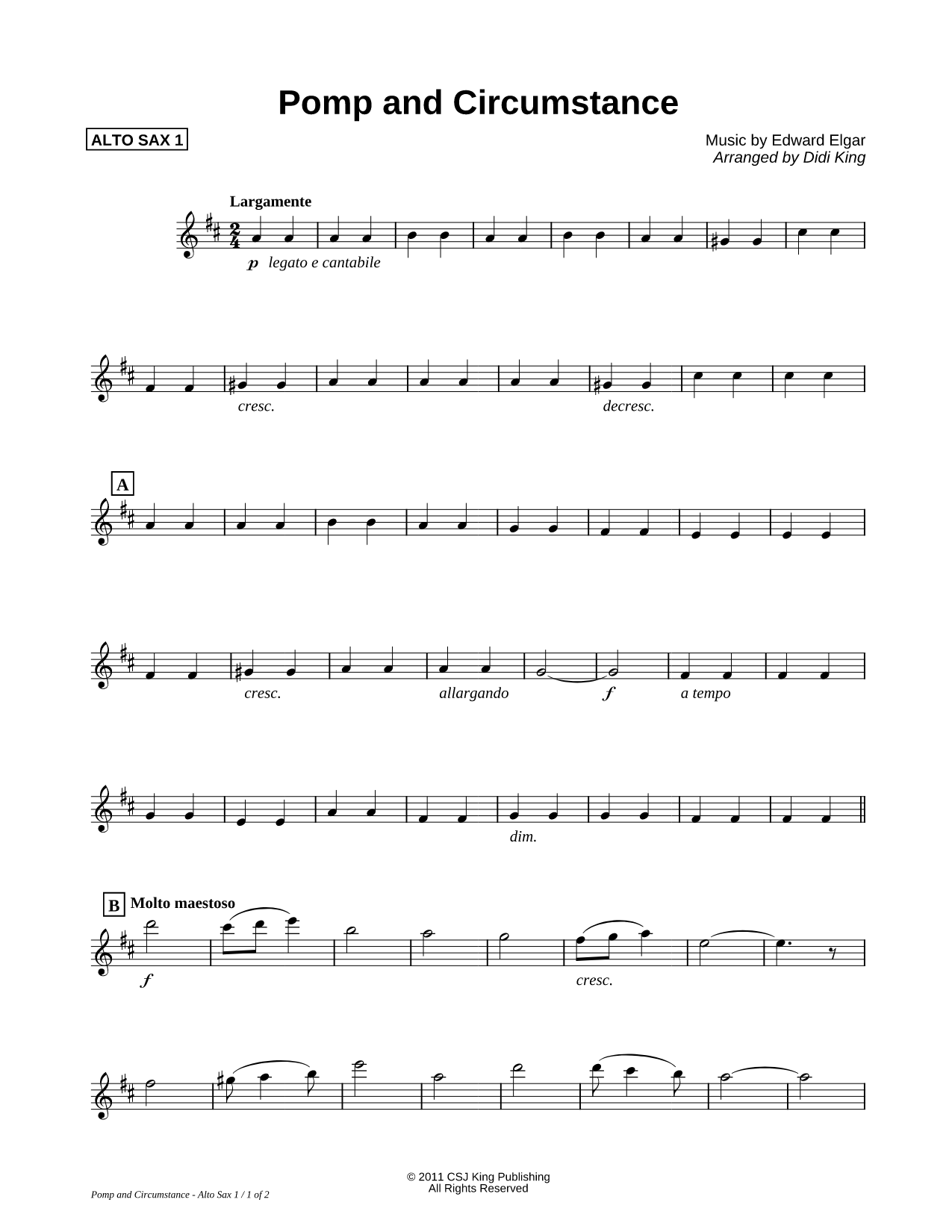 Pomp and Circumstance - Alto Saxophone 1 Part (Saxophone Quartet)