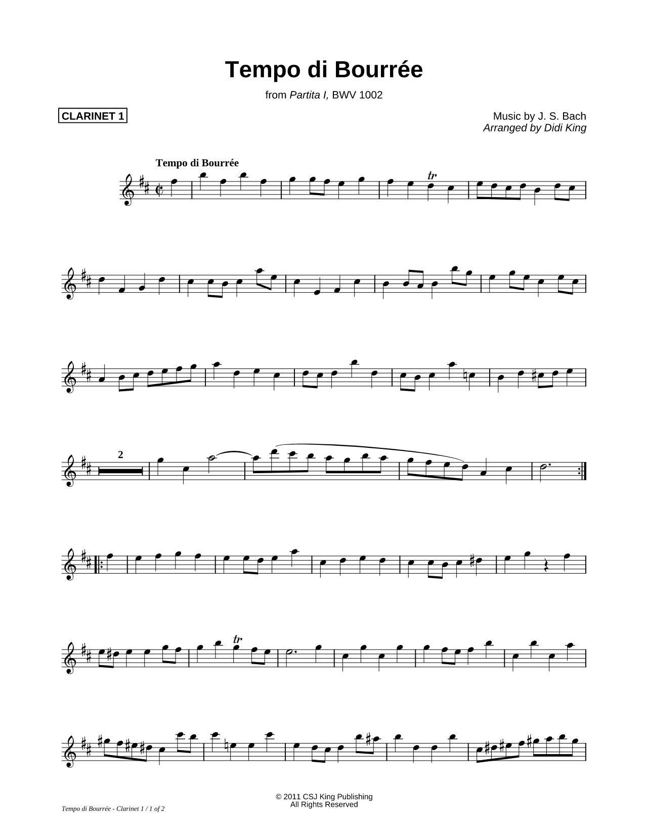Bourrée, from Sonata II, BWV 1003 - Clarinet 1 (Clarinet Quartet)