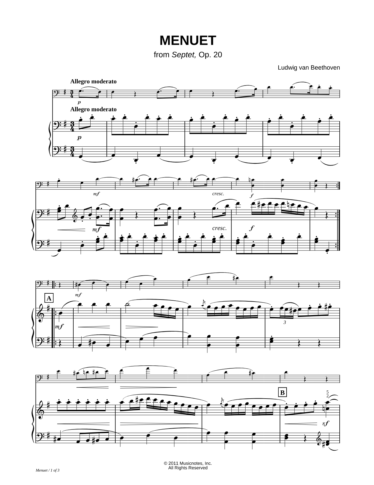 Menuet from Septet, Op. 20 - Piano Accompaniment