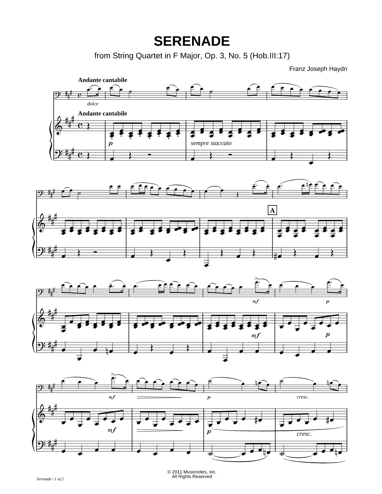 Serenade from String Quartet in F Major, Op. 3, No. 5 - Piano Accompaniment