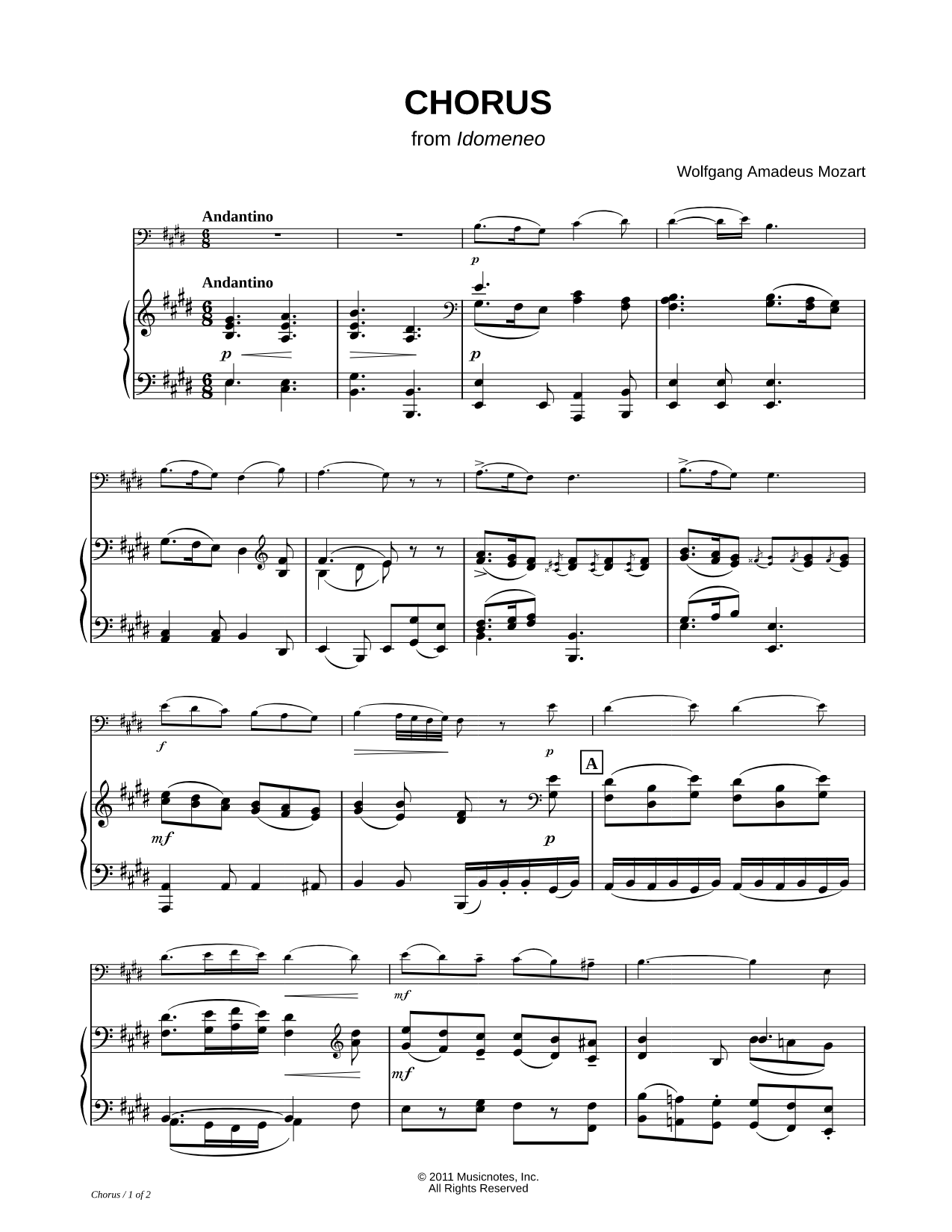 Chorus: Placido è il mar - Piano Accompaniment