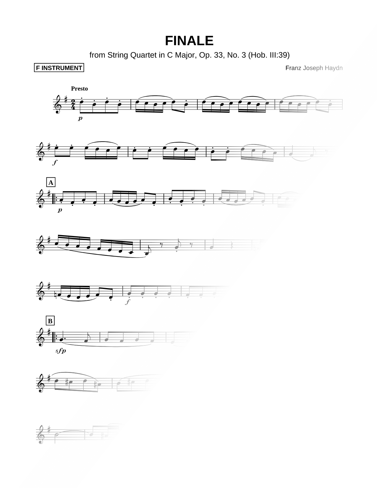 Finale from String Quartet in C Major, Op. 33, No. 3 - F Instrument