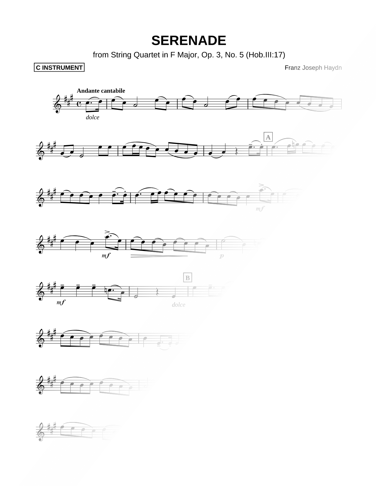 Serenade from String Quartet in F Major, Op. 3, No. 5 - C Instrument