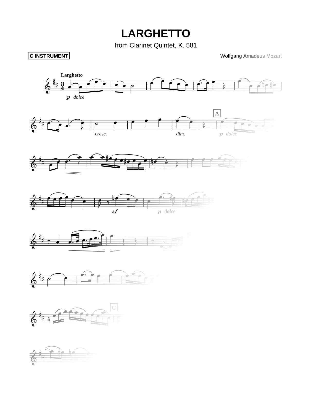 Larghetto from Clarinet Quintet, K. 581 - C Instrument