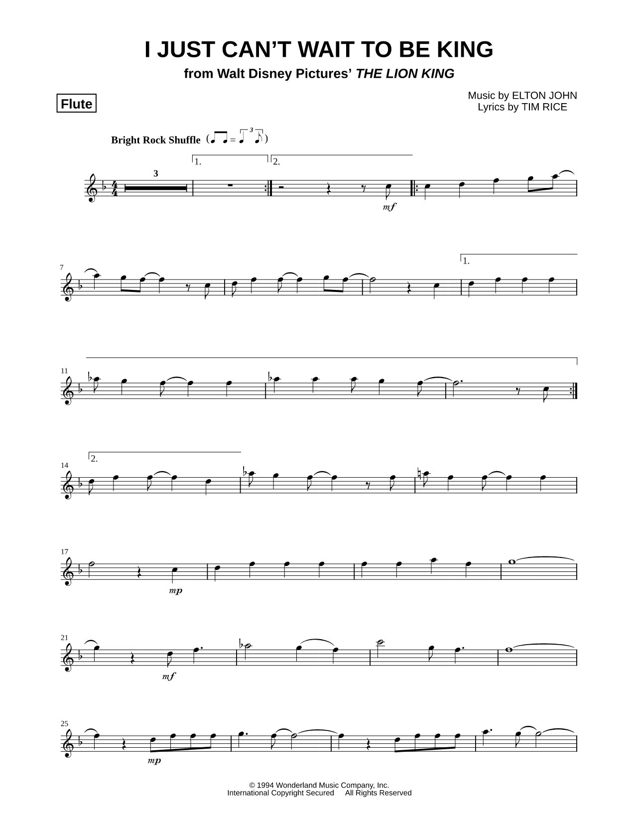 I Just Can't Wait To Be King - Flute