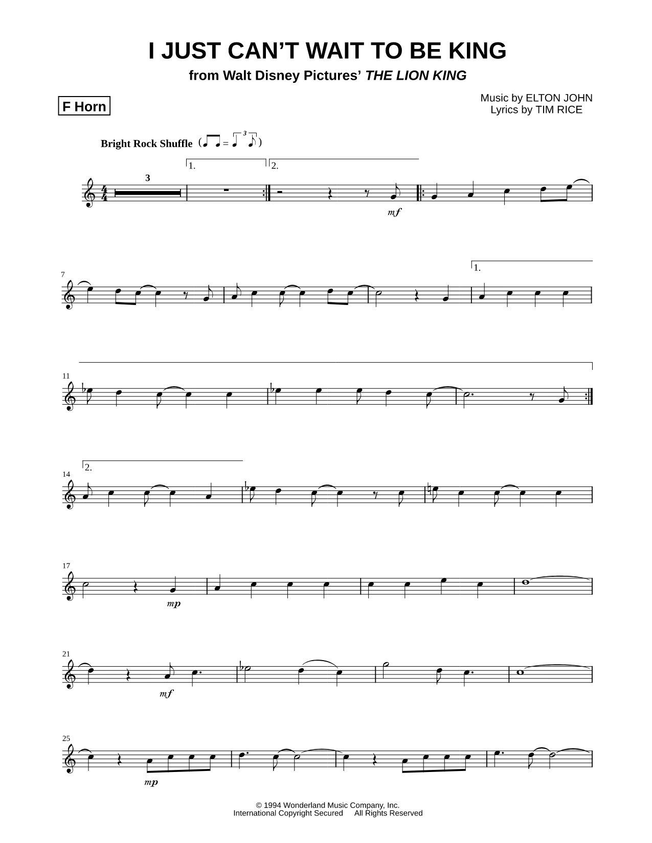 I Just Can't Wait To Be King - French Horn