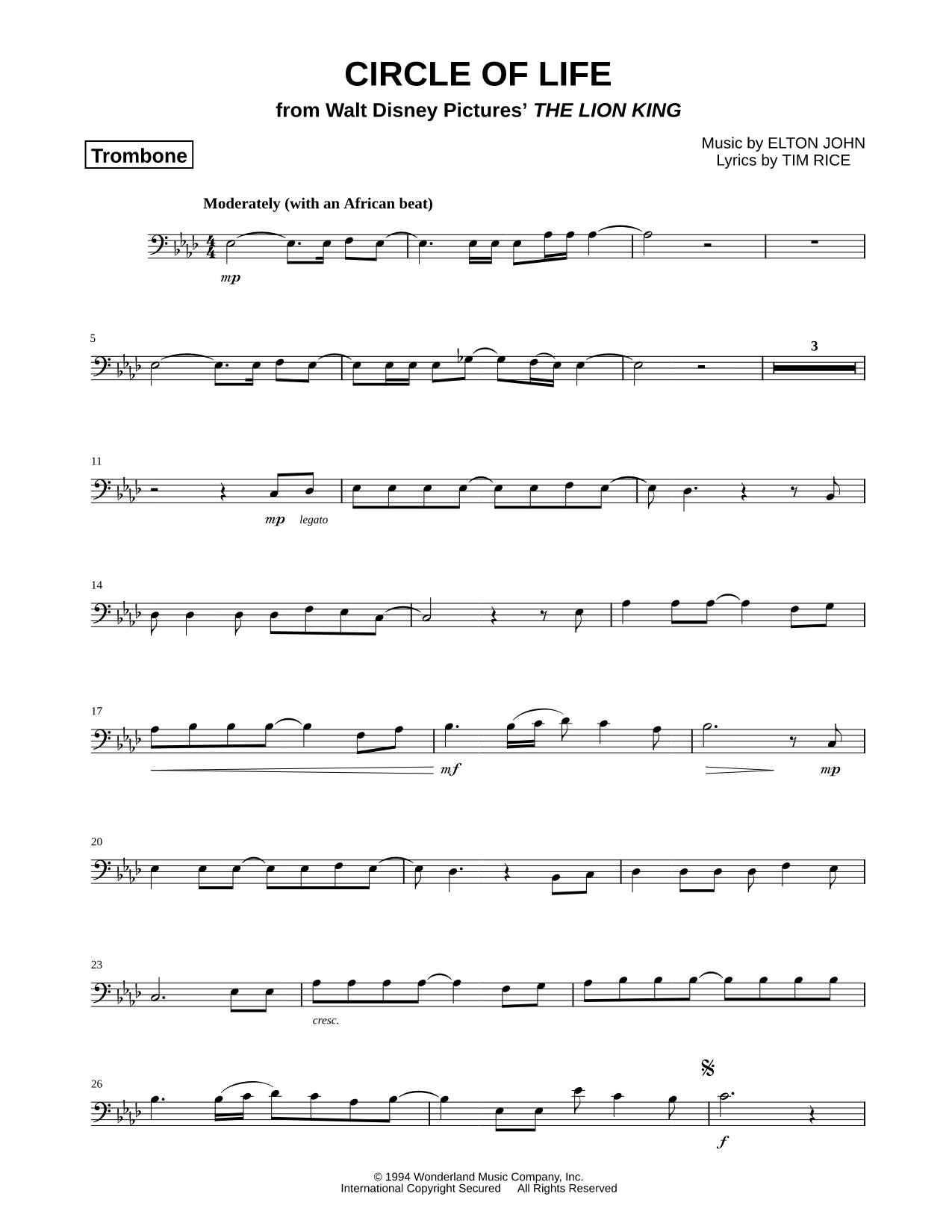 Circle of Life - Trombone