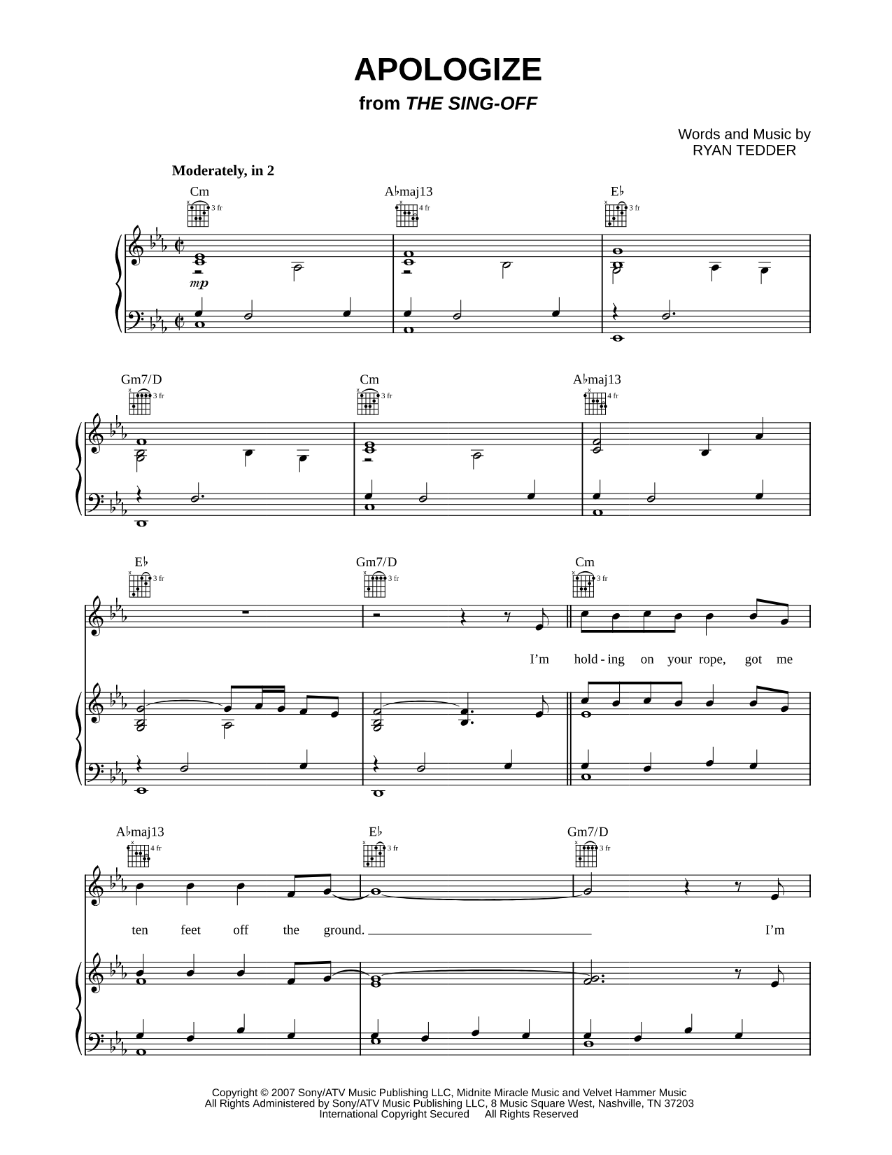 Apologize Sheet Music — Piano/Vocal/Guitar