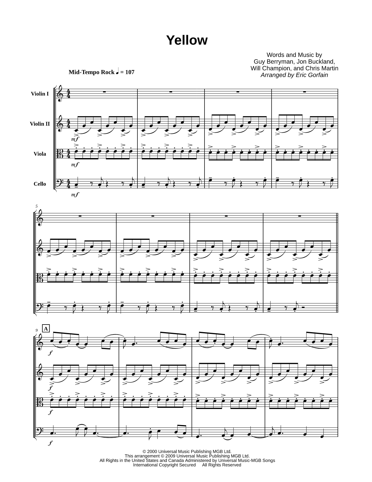 Yellow - String Quartet Score
