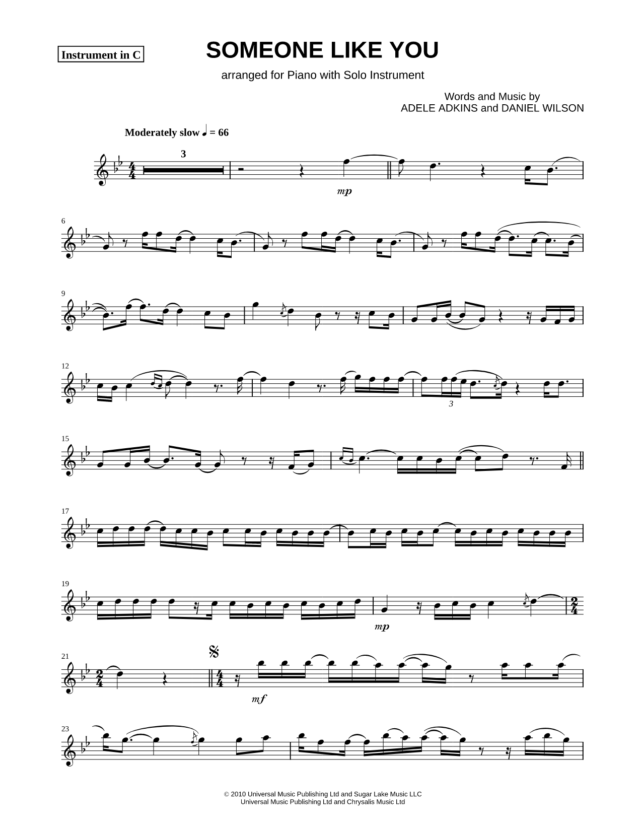 Someone Like You - C Instrument